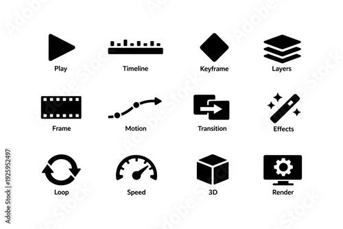Set of iconic symbols for video editing and animation tools