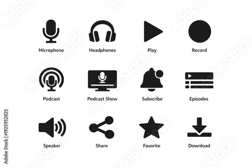 Media icons set: microphone, headphones, play, record, podcast, share, download