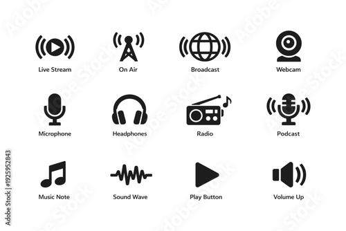 Broadcasting and audio icons featuring live stream, microphone, and music note symbols
