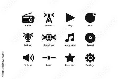 Black audio icons: radio, antenna, play, live, podcast, volume, settings