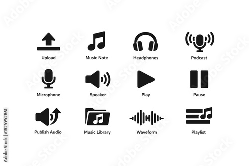 Audio icons: upload, music note, headphones, podcast, microphone, speaker, play, pause, publish audio, music library, waveform, playlist