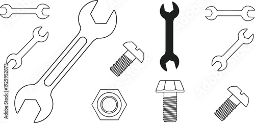 Wrench and Hardware Vector Illustration Set with Spanner Outline Screws Bolts and Nuts Icons for Mechanical and Repair Service Design