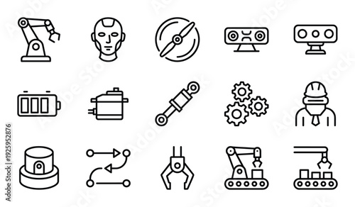 Robotics and industrial automation icons including mechanical arm robotic head and gear components