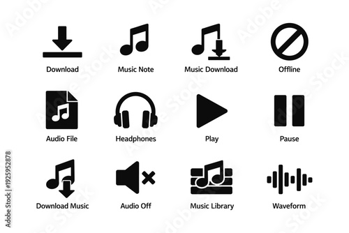 Music and audio icons: download, play, pause, headphones, waveform