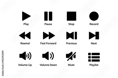 Media control icons: play, pause, stop, record, volume, playlist symbols
