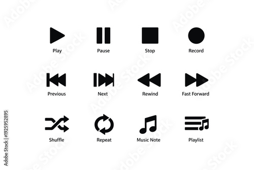 Audio control icons set featuring playback and music functions