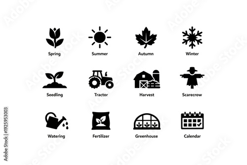 Seasonal farm icons: spring, summer, autumn, winter, farming tools