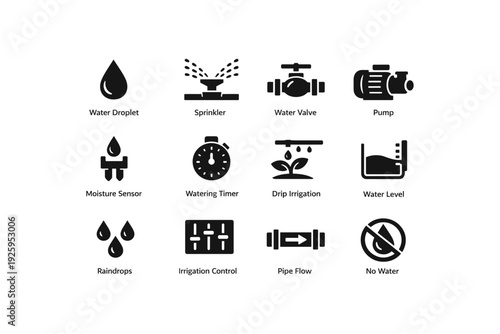 Water management icons: sprinkler, pump, drip irrigation, water valve, sensor, timer