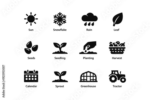 Agricultural icons: sun, snowflake, rain, leaf, seeds, seedling, planting, harvest, calendar, sprout, greenhouse, tractor