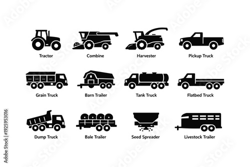 Silhouette icons of agricultural and farm vehicles and equipment