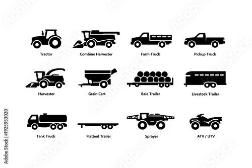 Agricultural machinery icons collection featuring diverse farming equipment