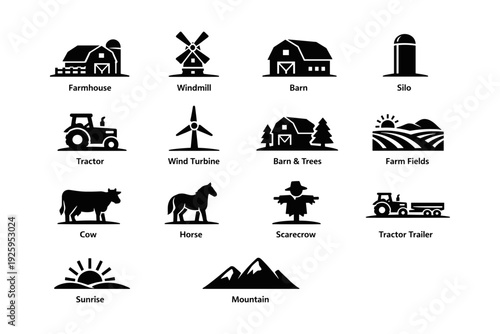 Black silhouette icons of rural elements and farm machinery