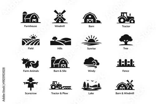 Farm icons: barn, tractor, windmill, animals, nature elements in simple design