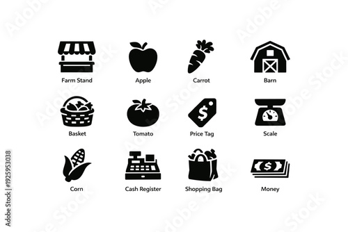 Farm market icons: produce, prices, and essentials in black and white