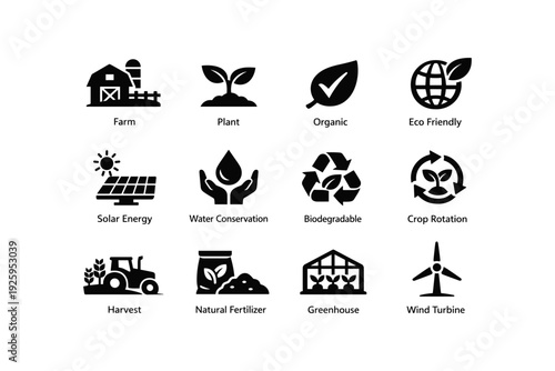 Sustainable agriculture and renewable energy icons set