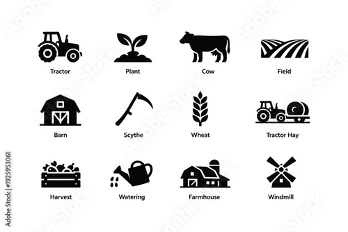 Farming icons: tractor, plant, cow, barn, wheat, harvest, windmill graphics
