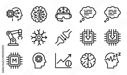 Set of ai related icons outline style artificial intelligence neural network and future technology
