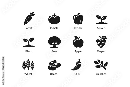 Black silhouette icons of vegetables, fruits, and plants