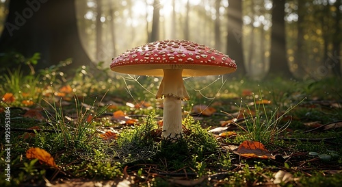 Amanita muscaria mushroom in a sunlit forest clearing.