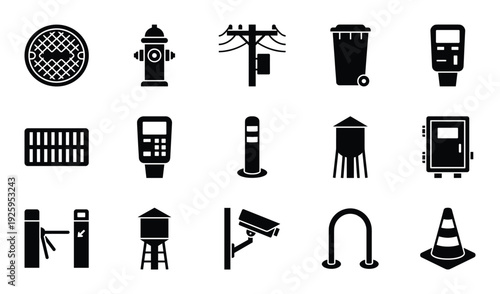 Set of urban black glyph icons of street infrastructure and city service equipment and elements