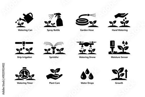 Garden tools and techniques icons: watering can, spray bottle, drip irrigation, moisture sensor