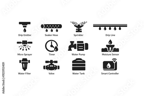 Smart irrigation system icons: drip emitter, soaker hose, sprinkler, drip line, micro sprayer