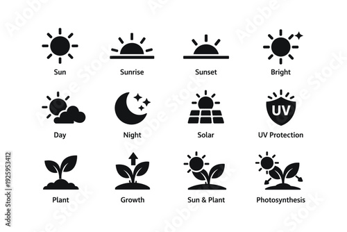 Solar and nature icons set featuring sun, moon, plants, and uv protection symbols