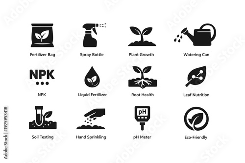 Set of black plant care icons including fertilizer, spraying, and tools for healthy growth