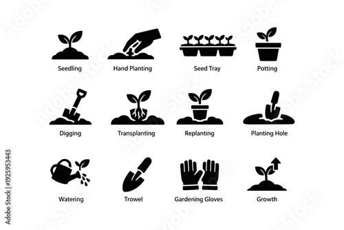 Gardening icons: seedling, hand planting, potting, digging, growth symbols