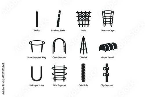 Variety of garden plant supports including trellis, obelisk, and tomato cage