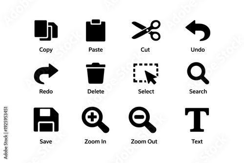 Essential computer icons for editing and navigation tasks