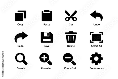Essential computer icons: copy, paste, cut, undo, redo, save, delete, select