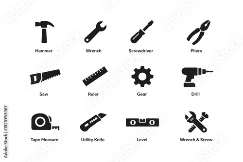 Set of black silhouette hand tools icons: hammer, wrench, screwdriver, pliers, saw, ruler, gear, drill