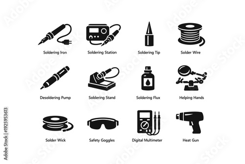 Essential soldering tools and equipment icons set