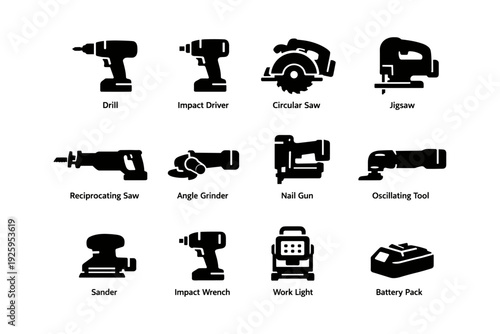 Silhouette icons of power tools: drill, saw, wrench, and more