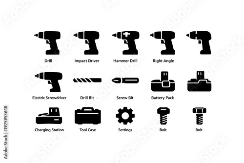 Black silhouette of various drill tools and accessories icons