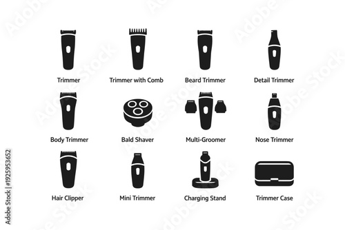 Set of grooming tools: trimmer, clipper, shaver, and accessories icons