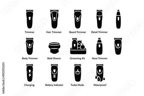 Variety of electric grooming tools icons: trimmer, shaver, grooming kit features illustrated