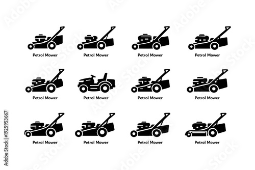 Twelve black silhouette petrol lawn mowers in various styles and angles