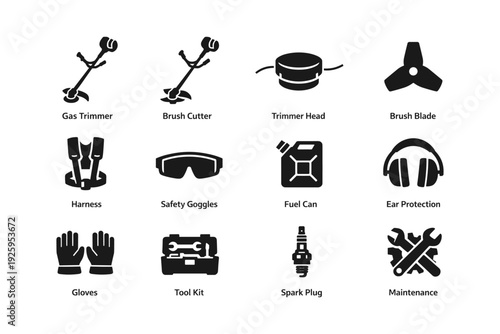 Garden equipment icons: gas trimmer, safety gear, maintenance tools