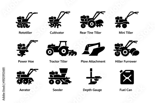 Agricultural equipment icons: tiller, tractor, plow, seeder, fuel can