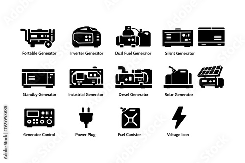 Various generator icons: portable, inverter, dual fuel, silent, solar, diesel