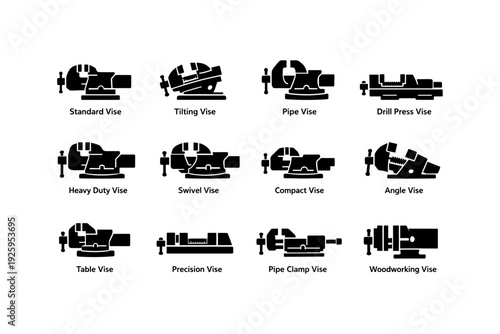 Types of vises: standard, tilting, pipe, drill press, heavy duty, swivel, compact, angle, table, precision, pipe clamp, woodworking