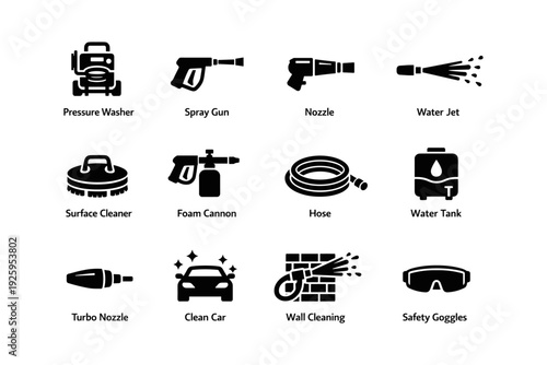 Pressure washer equipment icons: nozzle, spray gun, water jet, surface cleaner, foam cannon
