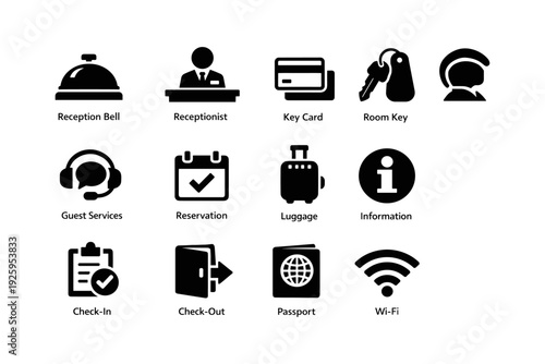 Hotel icons: reception, reservation, luggage, passport, wi-fi