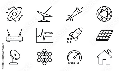 Wireless connection satellite communication icons set with antenna telescope and internet speed test