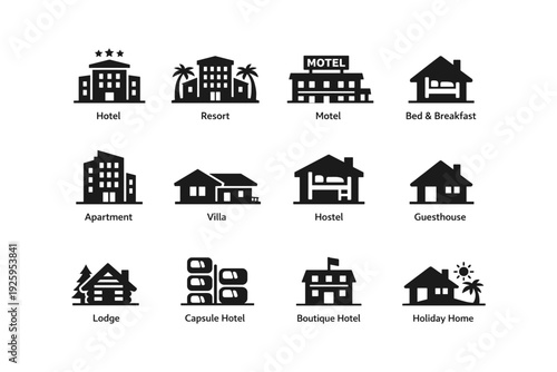 Icons of various types of accommodation: hotel, resort, motel, apartment, villa, hostel