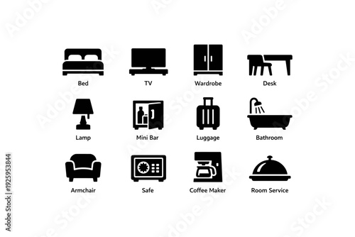 Hotel room amenities icons: bed, tv, minibar, luggage, safe, coffee maker