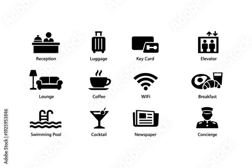 Hotel icon set: reception, pool, elevator, luggage, lounge, coffee, wifi, breakfast, cocktail, concierge