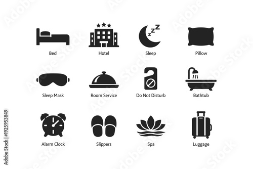 Hotel and sleep icons set featuring bed, pillow, and room service symbols